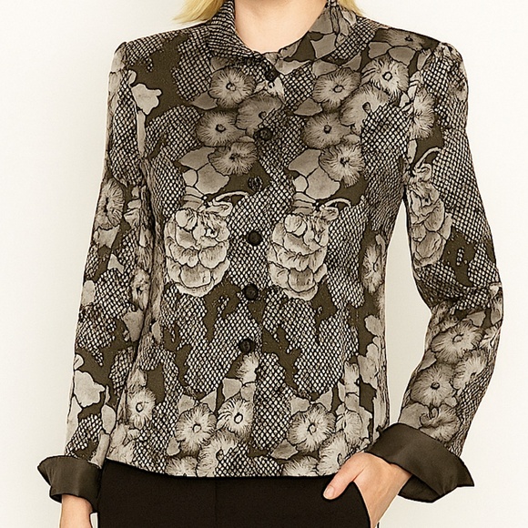 Armani Collezioni Black & Ivory Floral Print Jacket Sikk Linned– Size 8 - Picture 6 of 16